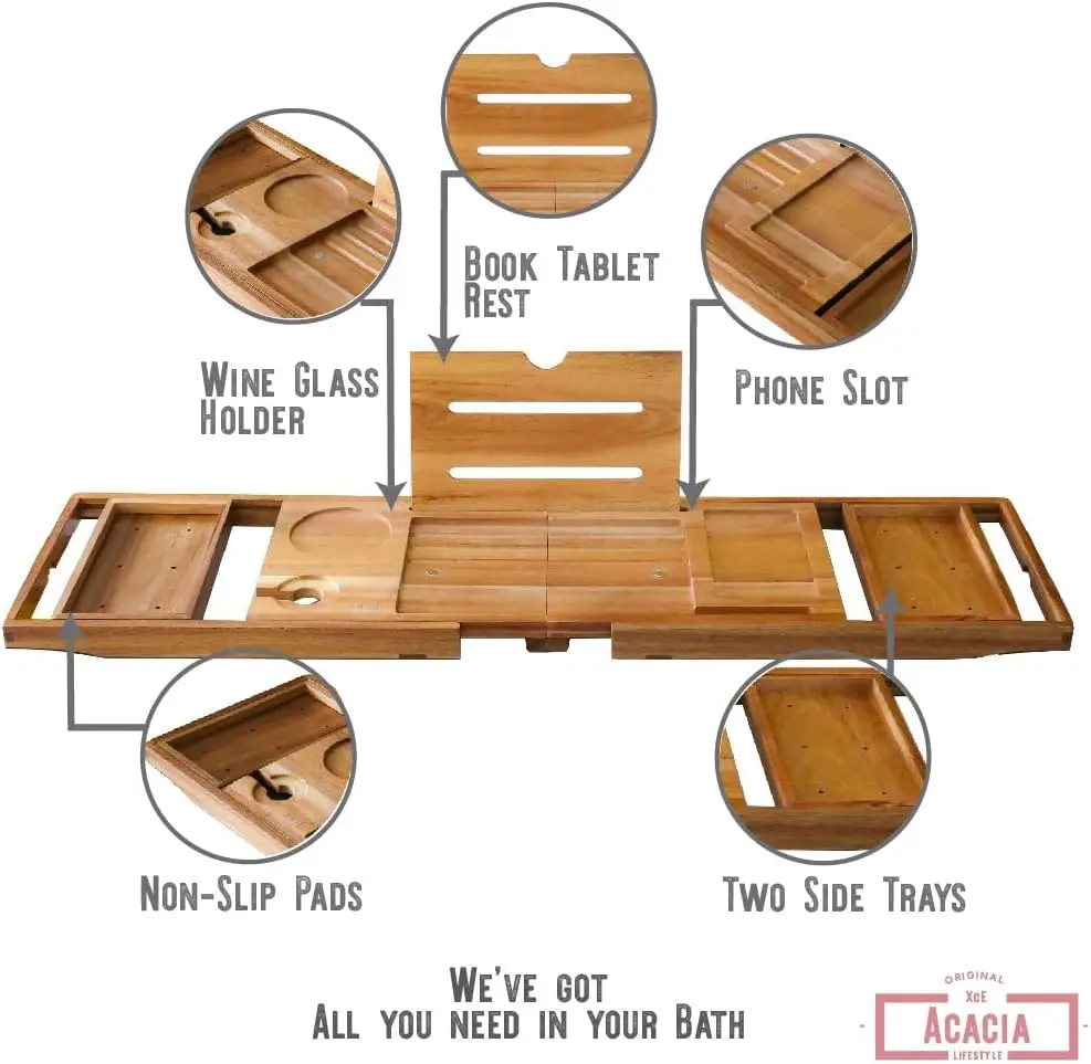 Foldable Bathtub Tray Expandable to 105cm for Luxury Bath, Bath Tray for Bathtub (Acacia Wood)