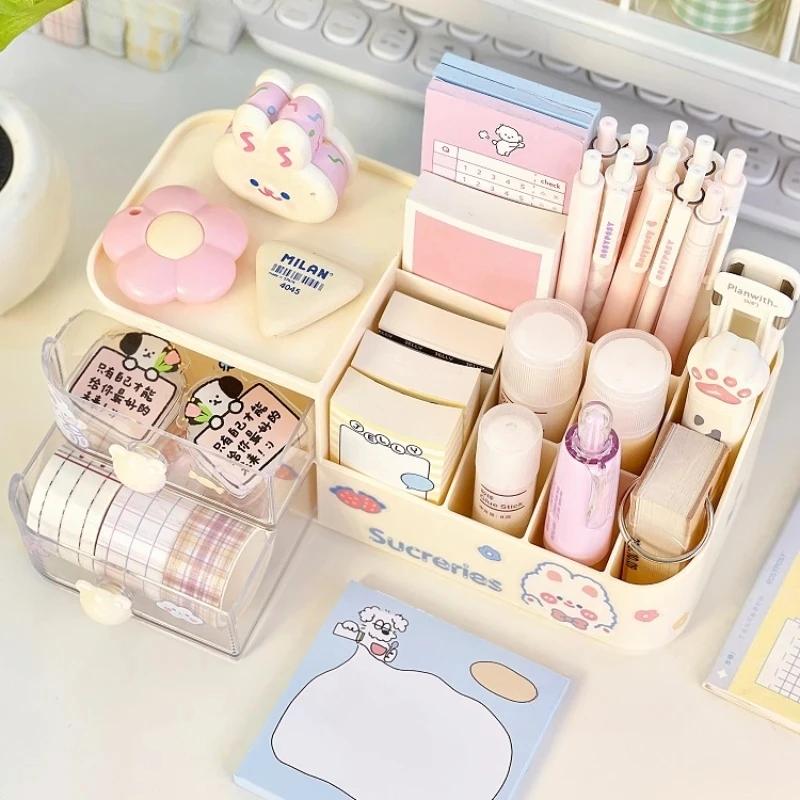 Ins Kawaii 데스크 주최자 보관 상자 귀여운 곰 손잡이 서랍 편지지 펜 홀더 스티커 메모 테이프 보관 상자 주최자 랙