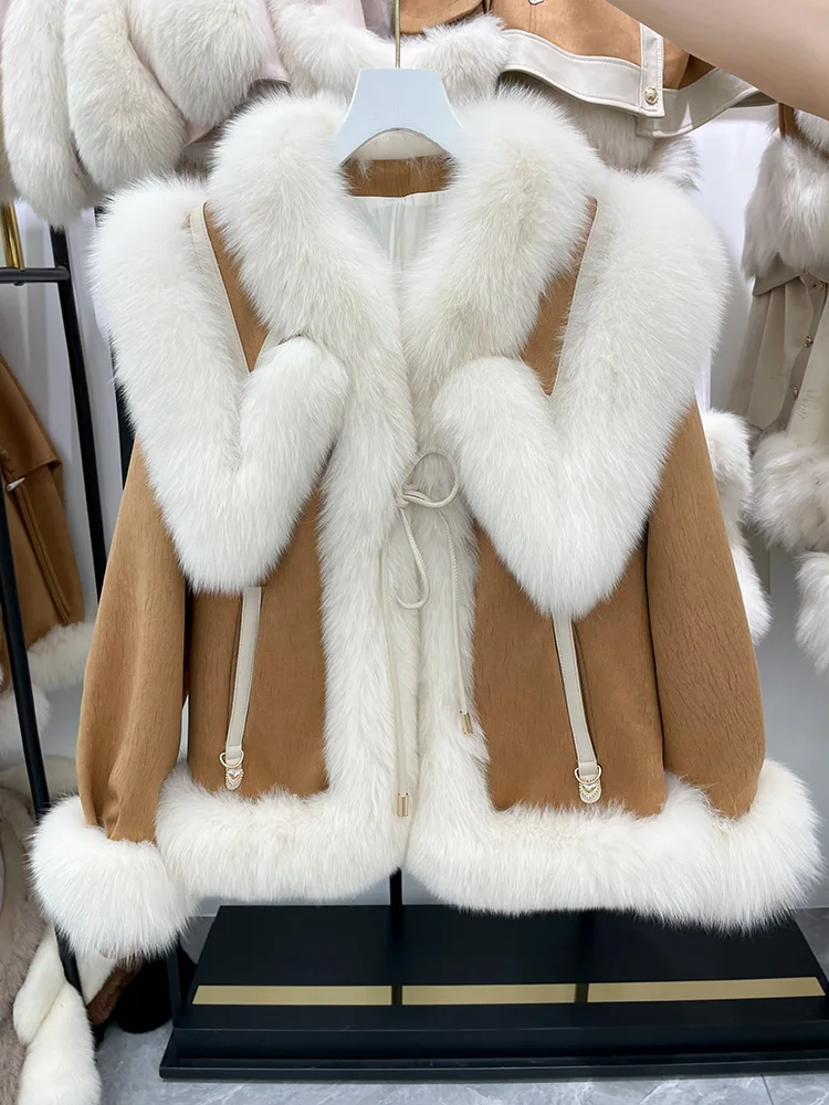 

2023 модное пальто из натурального меха, куртка из гусиного пуха с воротником из натурального Лисьего меха, зимнее женское пальто, толстая замшевая верхняя одежда, теплая
