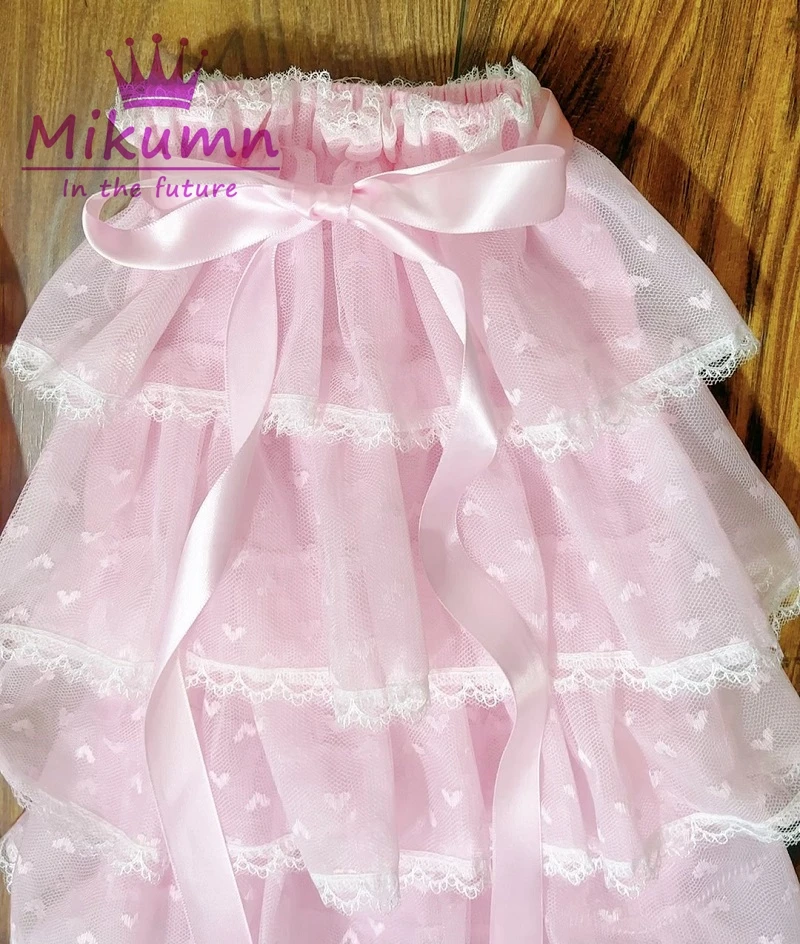Mikumn Harajuku Women Sweet Pink Bow Fluffy Lace Leg Warmer Socks Y2k Japanese Lolita Kawaii Multilayer Mesh Ruffles Leg Covers