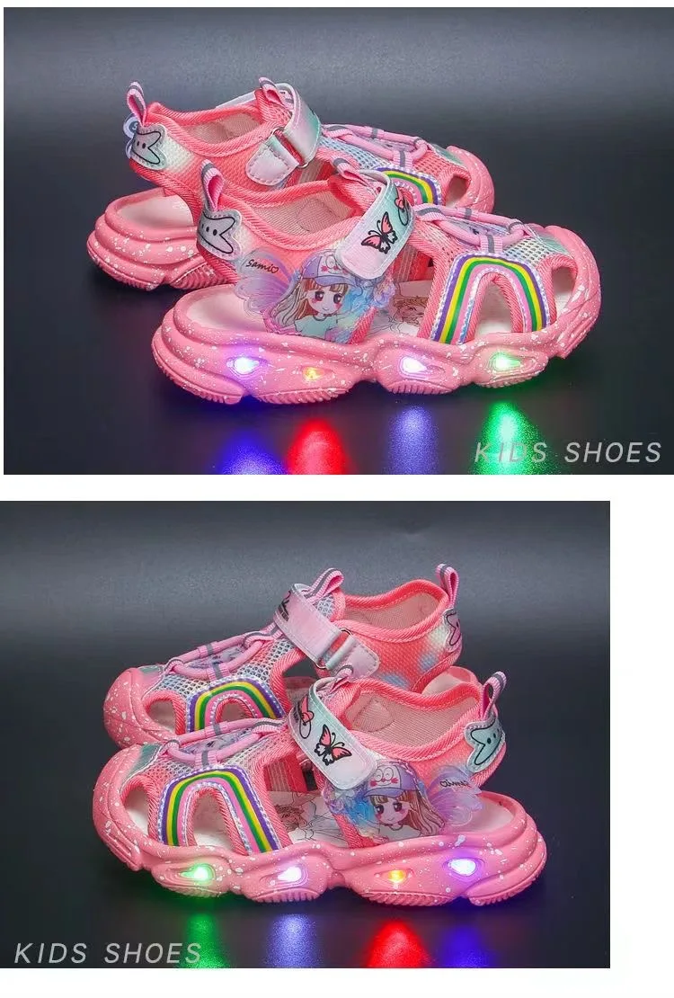 Description Picture 3 of item2024 Girls' Summer Cute Casual Shoes Sandals Led Glow Anti-skid Soft Soles Pink Purple Children Beach Mesh Shoes Size 23-36