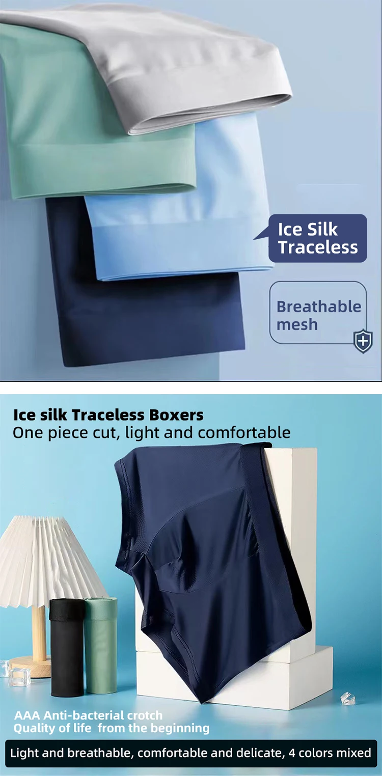 Description Picture 4 of item4 Pieces Men Boxer Shorts Underpants Underwear 4 Color Mixing XL XXL 3XL Ice Silk Smooth Cool Ventilate Fashion Fitness Sports