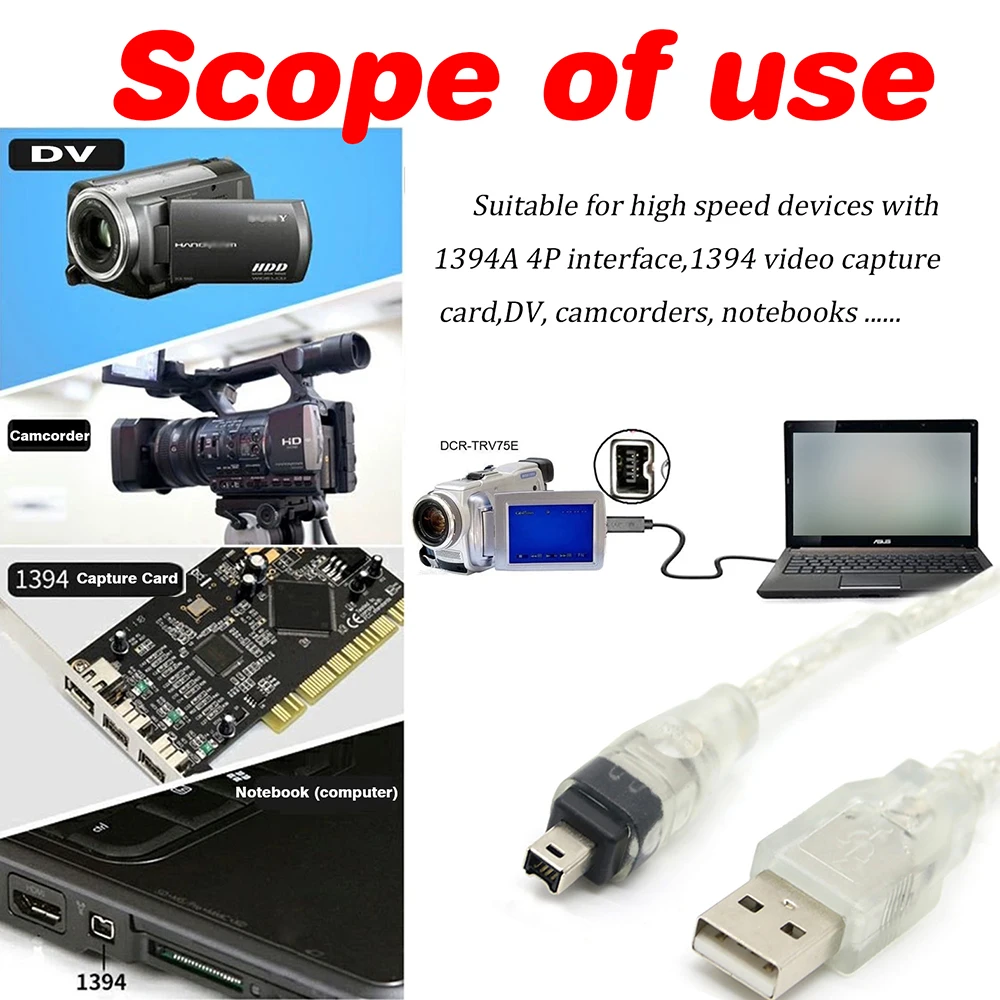 Câble USB Vers Firewire IEEE 1394 (4 Broches) 1,5 M - Pour Transfert Vidéo Caméscope DV Vers PC - Blindé, Haute Vitesse