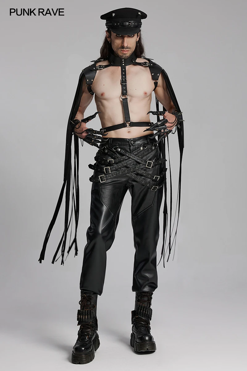 PUNK RAVE Men's Punk Street PU Leather Pants Staggered Buckle Loops Distinctive Personalized Cool Trousers Streetwear Men