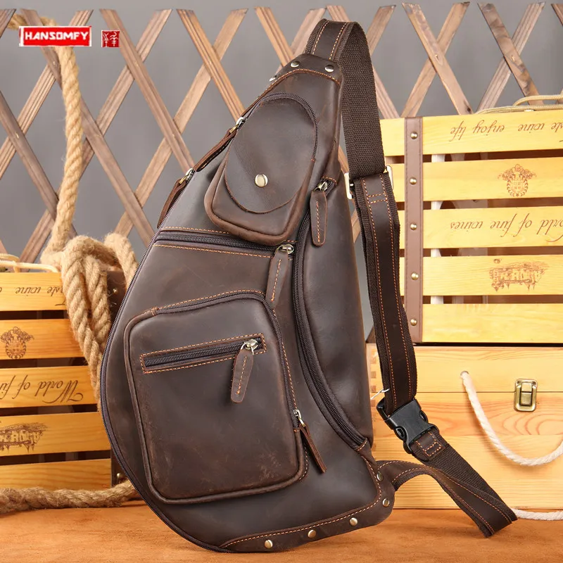 

Crazy Horse Leather Chest Bag Men's Leather Messenger Bag Large Capacity Retro Men's Bag First Layer Cowhide Saddle Bag