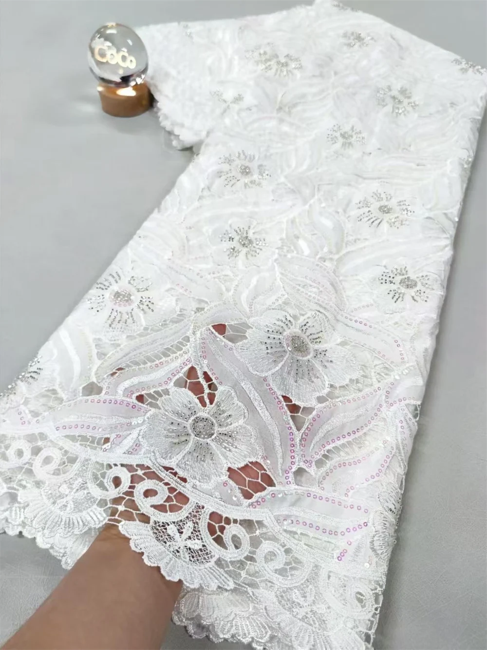 African chiffon lace fabric with beads high quality nigerian beads lace embroidery guipure fabric for wedding women