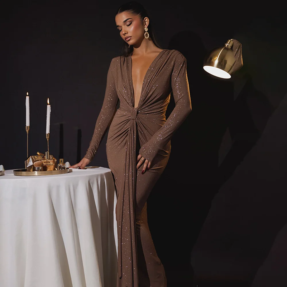 Elegant Long Sleeve Elastic Tight Party Evening Dress For Women Sexy Deep V-Fold Lace Vestido Autumn/Winter New 2025