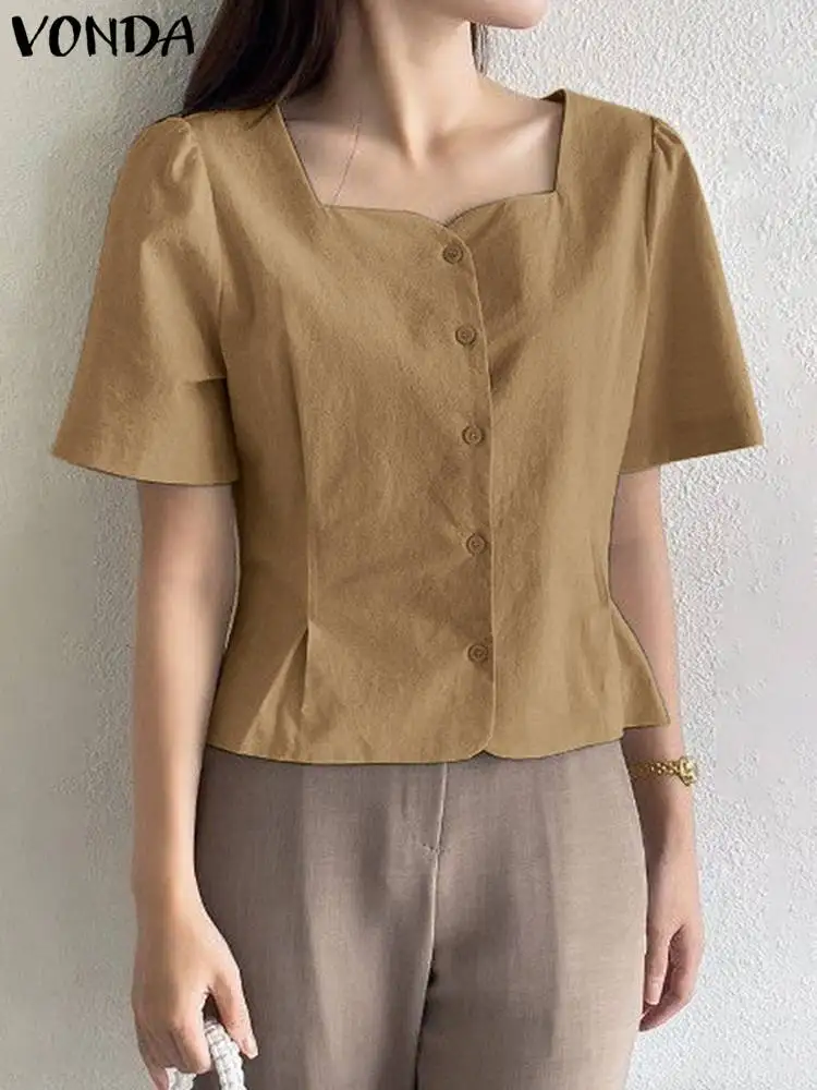 

2023 Vintage Solid Color Tops VONDA Women Shirts Casual Loose Short Sleeve Blouse Female Square Neck Blusas Oversized Tops