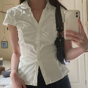 Women Summer Kawaii Solid Shirring Button Up Turn Down Collar Short Sleeve White Shirts Ladies Office Casual Summer Clothes 1