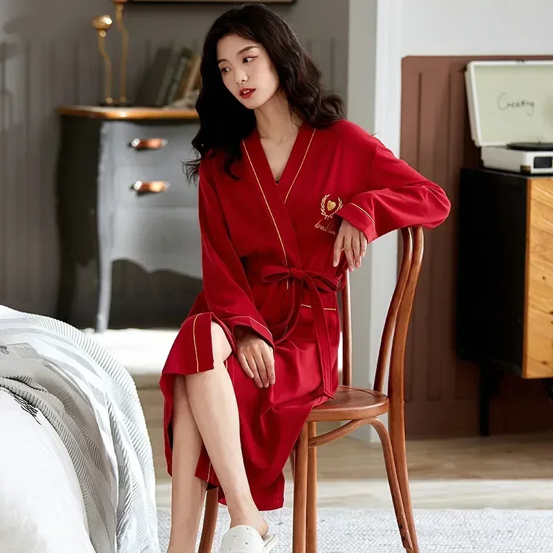 

Bride's Robe Sleeves Bathrobe Morning Female Nightgown Sashes Cotton Long Robes Nightie Elegant Pyjamas Sleepwear Women's