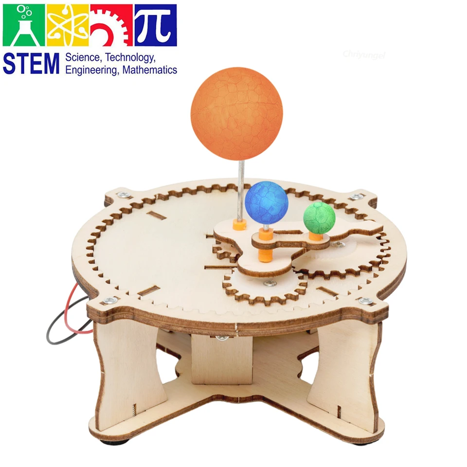 Kids Diy Wooden Science Toys Kit Three Planets Moving 3D Funny Child