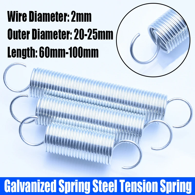 

1PCS 2mm Wire Diameter Galvanized Spring Steel Extension Tension Spring Coil Spring Open Hook Spring Pullback Spring L=60-100
