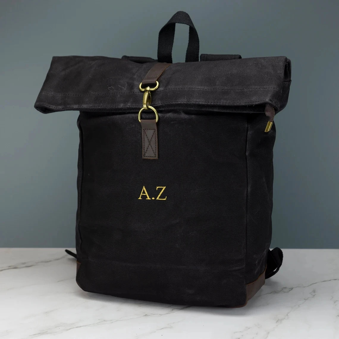 

Personalised Canvas Backpack Bag Black or Green - Waxed Canvas Rolltop Bag printing with Initials