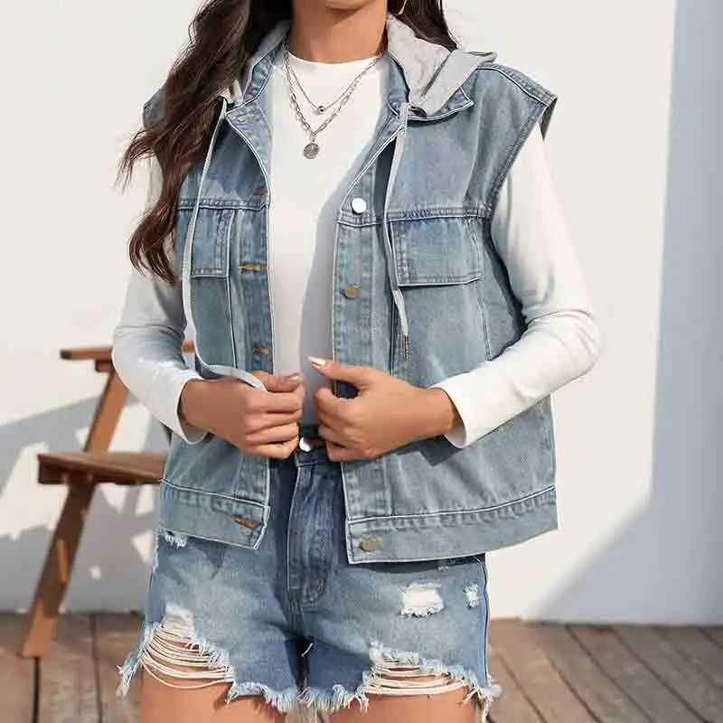 Casual Female Tops Women Denim Vest Jacket Summer 2024 New Autumn Clothes Sleeveless Short Jeans Single-Breasted Jackets S-XL