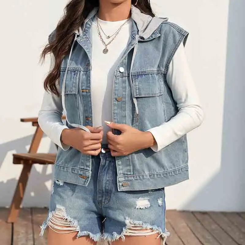 

Casual Female Tops Women Denim Vest Jacket Summer 2024 New Autumn Clothes Sleeveless Short Jeans Single-Breasted Jackets S-XL