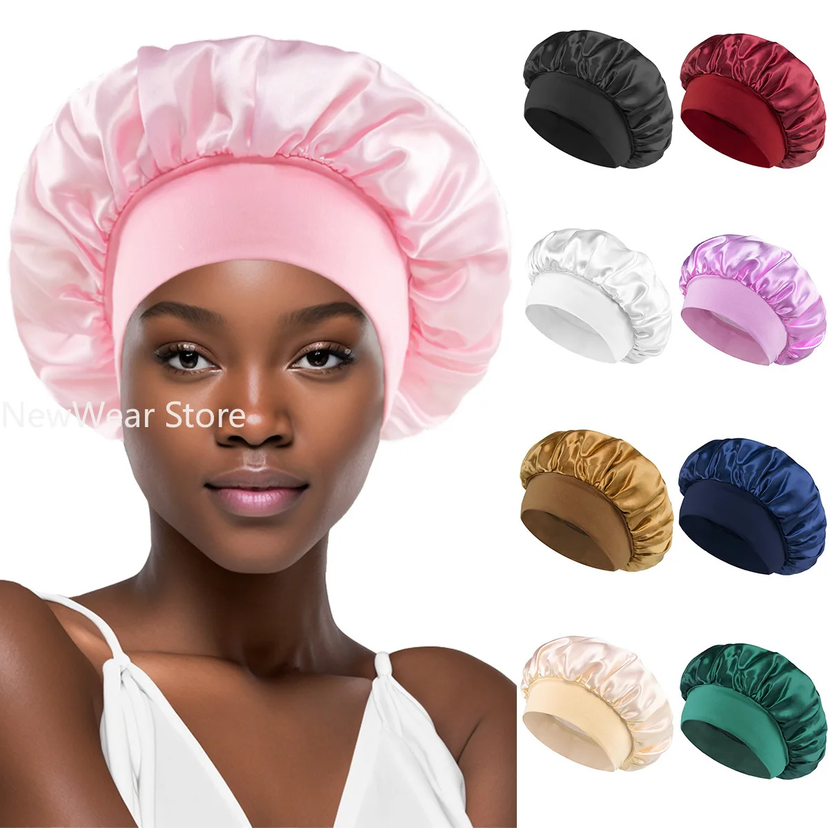 

Unisex Elastic Band Cap For Brimmed Night Hat Bath Cap Extra Large Satin Silky Bonnet Sleep Hat For Curly Springy