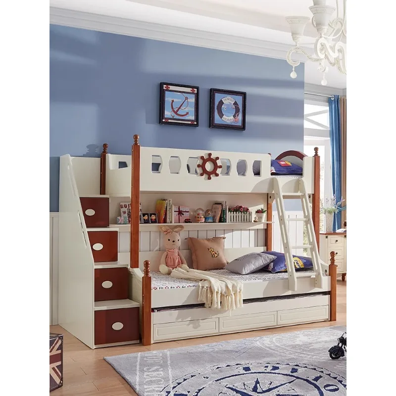 High and low bed Children's bed Children's bunk Small apartment Mother and child Interlaced two-layer blue pink bunk