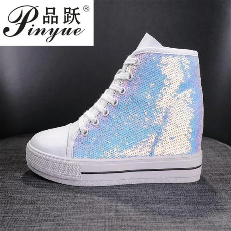 

8cm Women Leather Height Increasing Wedges Lace Up Shoes Casual Ankle High Top Sliver Glitter wedges Casual shoes 34 39