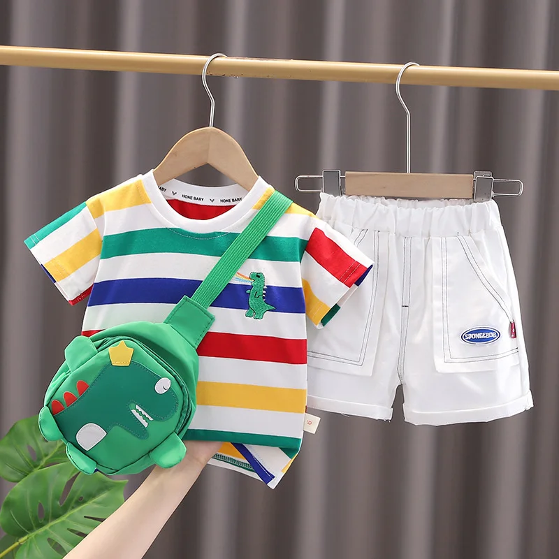 1-5 Anni Set Di Abbigliamento Per Neonato Moda Bambini Cotone 2 Pezzi Con Borsa A Righe T-Shirt Pantaloncini Abiti Ragazzi Cartoon Dinosaur Summer Sui