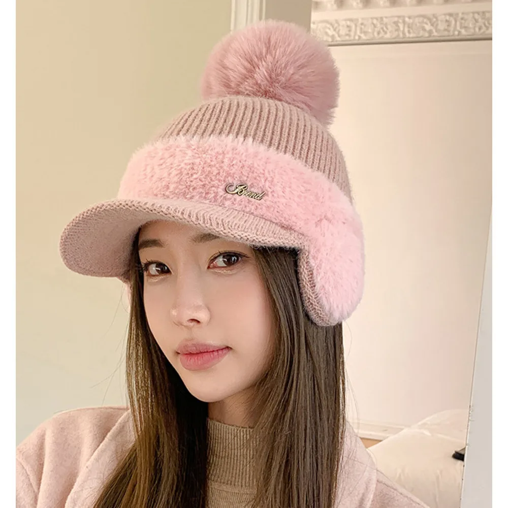 Nuovo berretto da baseball invernale in pelliccia di visone con protezione per le orecchie in pelliccia di coniglio per le donne, moda coreana, tinta unita, semplice cappello lavorato a maglia con palline di lana_voghion.com
