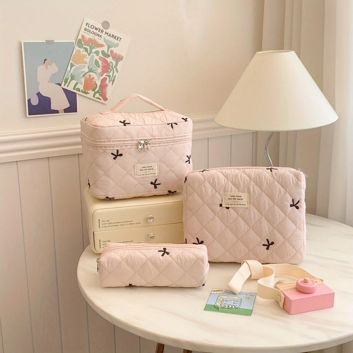 3pcs sets Cute Bow Flower Quilted Makeup Bag Women Cosmetic Organizer Female Handbag Portable Toiletry Case For Travel 4