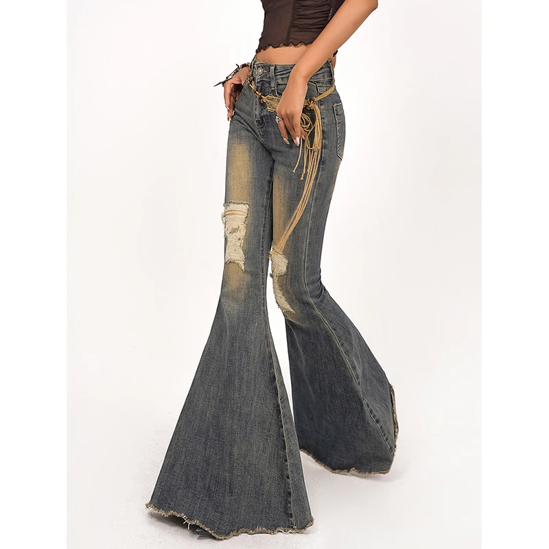 Blue High-waisted Women's Bell-bottoms Jeans Street Fashion Korean