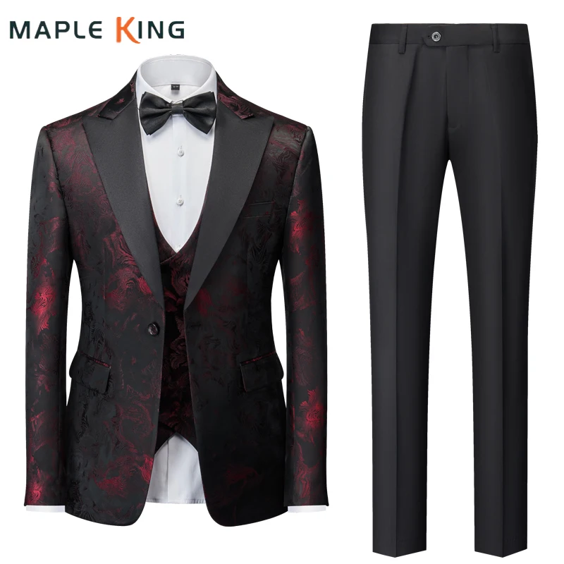 

Floral Jacquard Suits for Men High Quality Blazer+Vest+Pant Costume Homme Mariage Gentleman Party Prom Dresses Outfit Coats 5XL