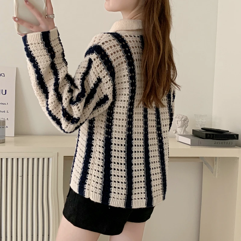 Autumn New Women's Striped Hollow Lapel Knitted Cardigan Sweater Elegant Casual Single-breasted Long-sleeved Top