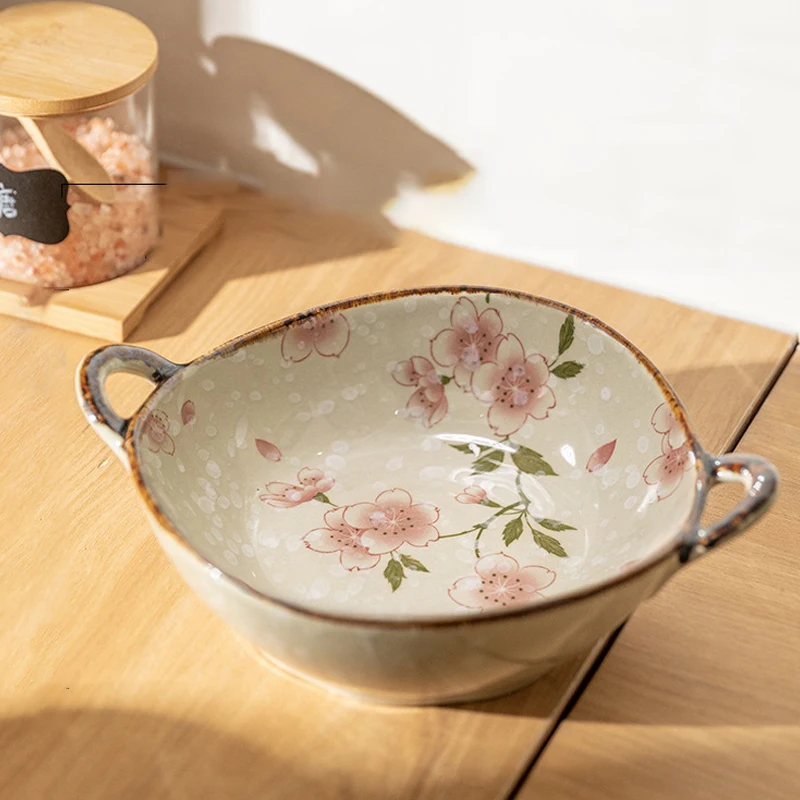 YWDL 700ml Ceramic Salad Bowl With Handle Kitchen Soup Noodle Bowl Fruit Plate Japanese Tableware Microwave Pan Dropshipping