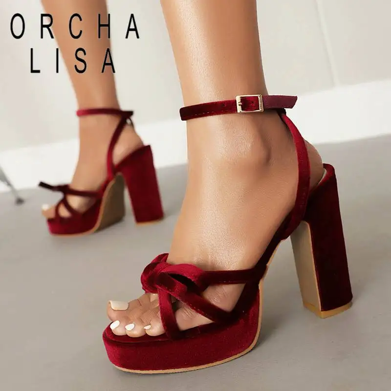 

ORCHA LISA Ladies Sandals Peep Toe Flock Ultrahigh Block Heel 11cm Platform 2.5cm Bowknot Plus Size 42 43 Sexy Dating Shoes