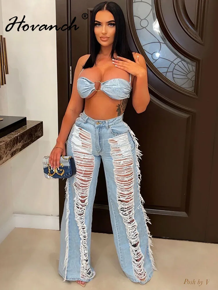

Hovanch Sky Blue Denim Two Piece Sets Womens Outfits Sexy Tube Tops and Tassel Ripped Jeans Matching 2023 Harajuku Streetwear