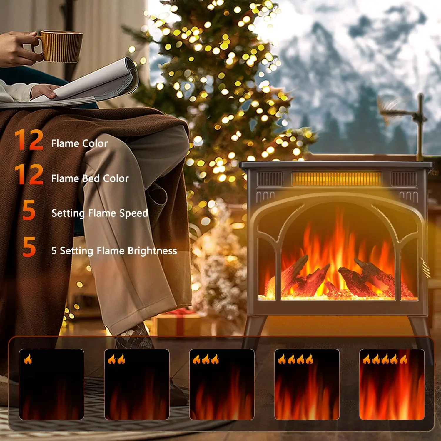 R.W.FLAME Electric Fireplace Heater 12 Flame Color, 25" Freestanding Fireplace Infrared Stove 500W/1500W, 3D Realistic Flame