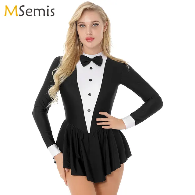 Robe de patinage artistique pour adolescents, femmes adultes, manches longues, nœud papillon, jupe de smoking, justaucorps de gymnastique, Costume de danse latine Jazz moderne 1