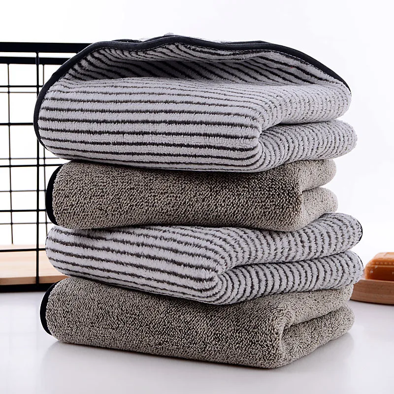 

1Pc 35x75cm Bamboo Charcoal Fiber Coral Fleece Thicken Water-Absorbent Antibacterial Stripes Dry Hair Hand Towel
