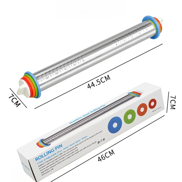 Rolling Pin For Baking Buy Adjustable Rolling Pin With 4 Thickness Rings Stainless Steel Dough Roller Pizza Roller Handle Press Design With Measurement Guide For Baking Fondant Pizza Pie Crust Cookie Online
