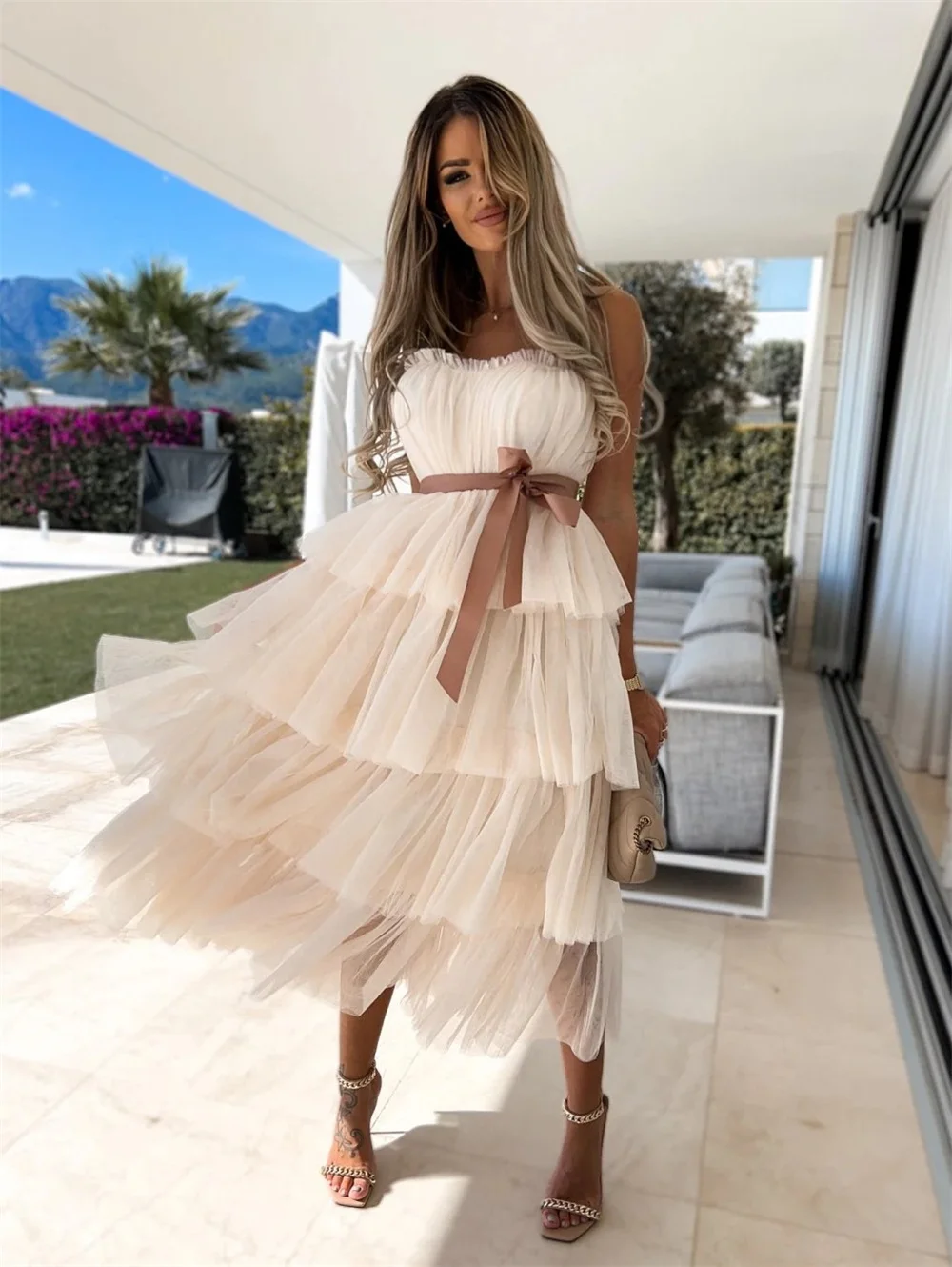 

White Women Party Long Dress 2023 New in Tulle Off-Shoulder Lace-up Maxi Dress Ladies Elegant Summer Streetwear Pleated Dresses