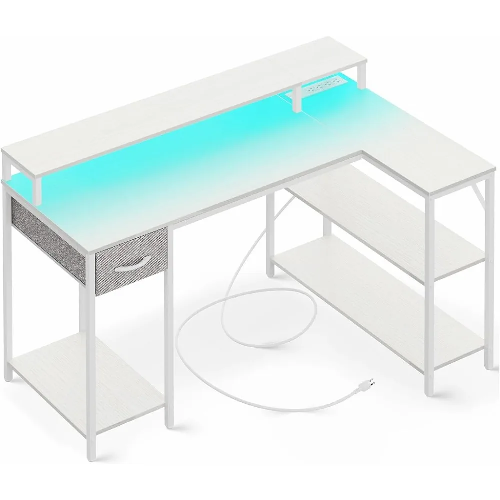 

L Shaped Gaming Desk with LED Lights Power Outlets, Reversible Computer Desks Shelves Drawer,Corner Home Office,White