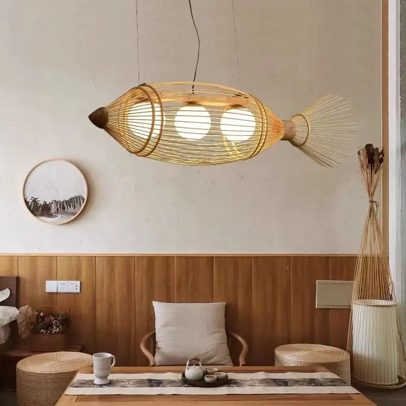

Creative Handwoven Pendant Light with Japanese Retro Fish Shape for Restaurant and Guesthouse Decoration