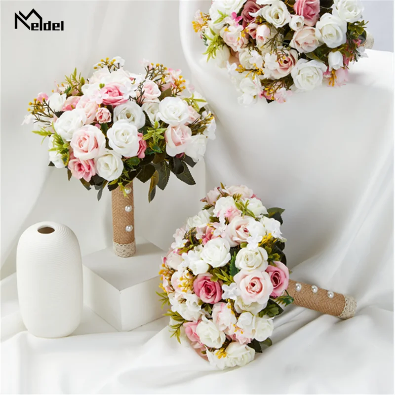 Pink Wedding Bouquet Bride Bridesmaid Holding Flowers Silk Ribbon Roses Artificial Flower Mariage Bouquet Wedding Accessories