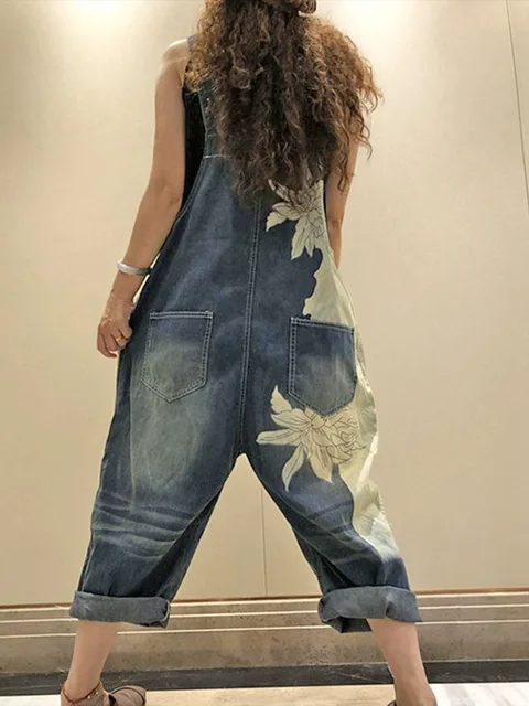 AmaxluluE 2025 femmes mode salopette dames été imprimé Denim Pantalons Vintage Jeans décontractés femmes ample Vintage Pantalon 2