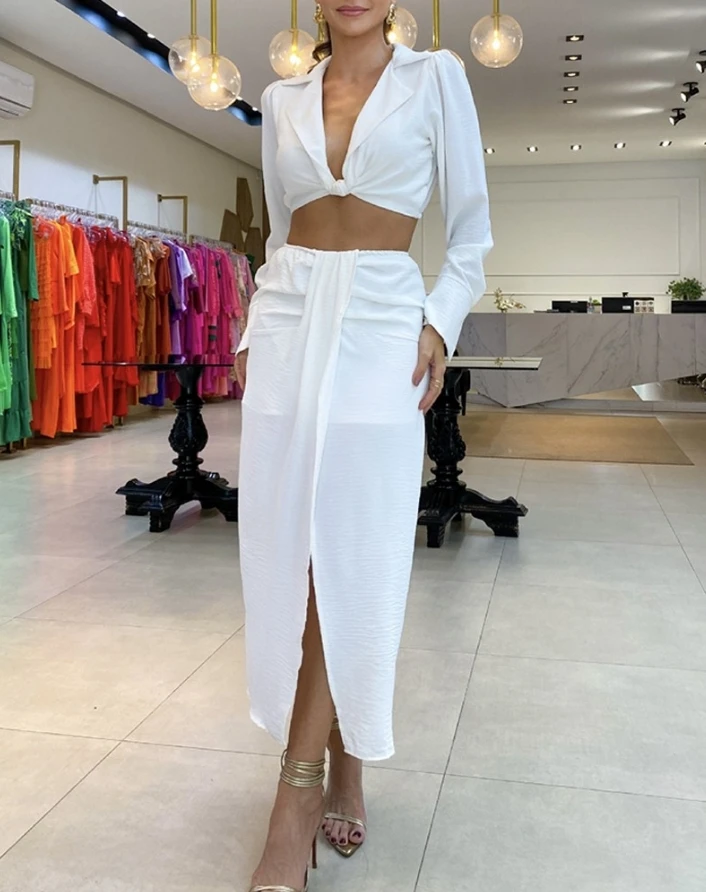 Elegant Two Piece Set Women Casual Daily Solid Color Notched Collar Twisted Long Sleeve Crop Top and Draped Slit Maxi Skirt Set