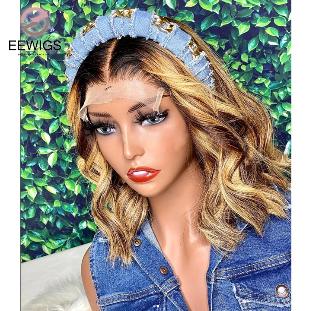 

Short Bob Synthetic Wave Honey Blonde Color 13×4 Transparent Lace Front Prepluck Cosplpay Wig For Women With Baby Hair Straight