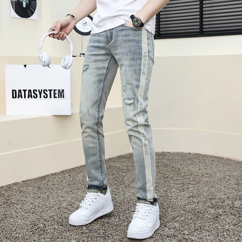 High-end fashion biker ripped jeans men's skinny stripes washed retro hip-hop work trousers slim letter print straight jeans