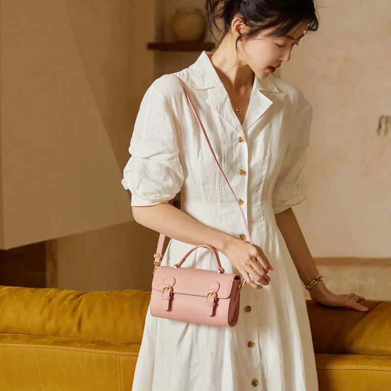 ZR DIARY Leather Small Square Bag Women Shoulder Messenger Bag Buckle Decor Cambridge Bag Handheld for Female H60060