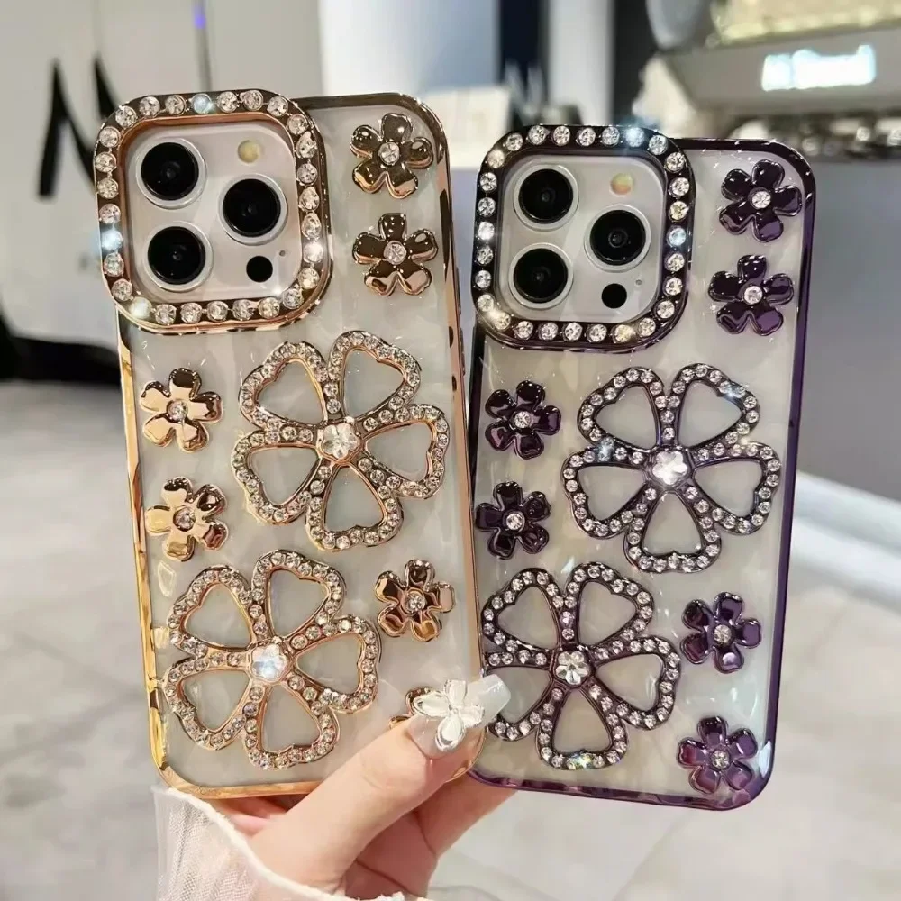 Iphone case Phone case Glitter Diamond Flower Plating Case for iPhone 16 15 14 Pro Max 12 13 11 X Xr Xs 7 8 Plus Bling Rhinestone Soft TPU Clear Cover