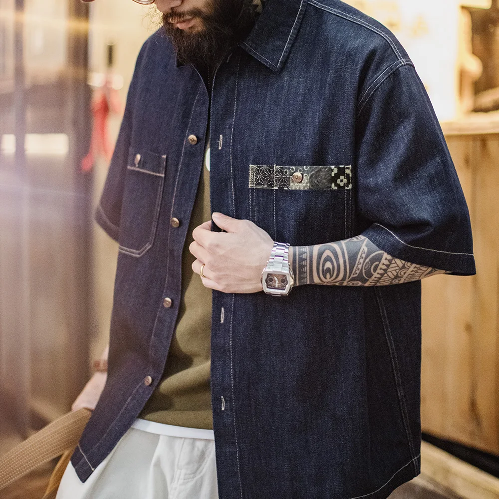 Maden Retro Boro Denim Short Sleeve Shirt Men Summer Indigo Dyed Lapel Single Breasted Casual Overshirt Street Outfits Blouse denim shirt