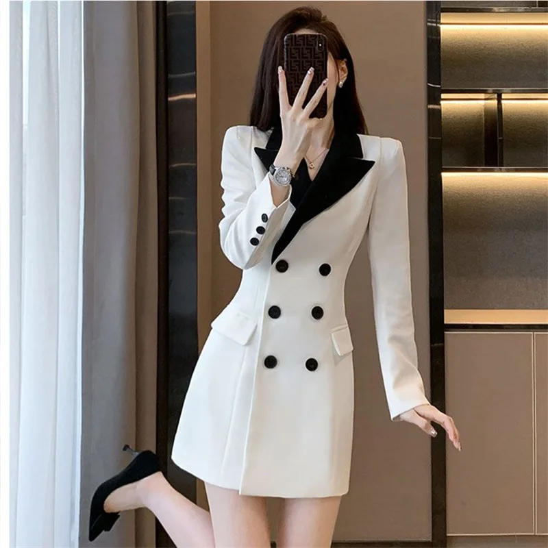 

2024 Spring Women New High End Celebrity Style Slim Suit A-line Dress Korean White Mid Length Blazer Dress For Splicing Coat