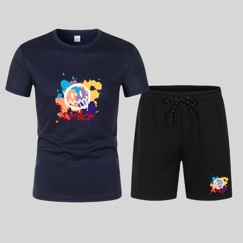 New summer fitness sportswear for men, short-sleeved T-shirt and shorts two-piece set, breathable and quick-drying casual wear.