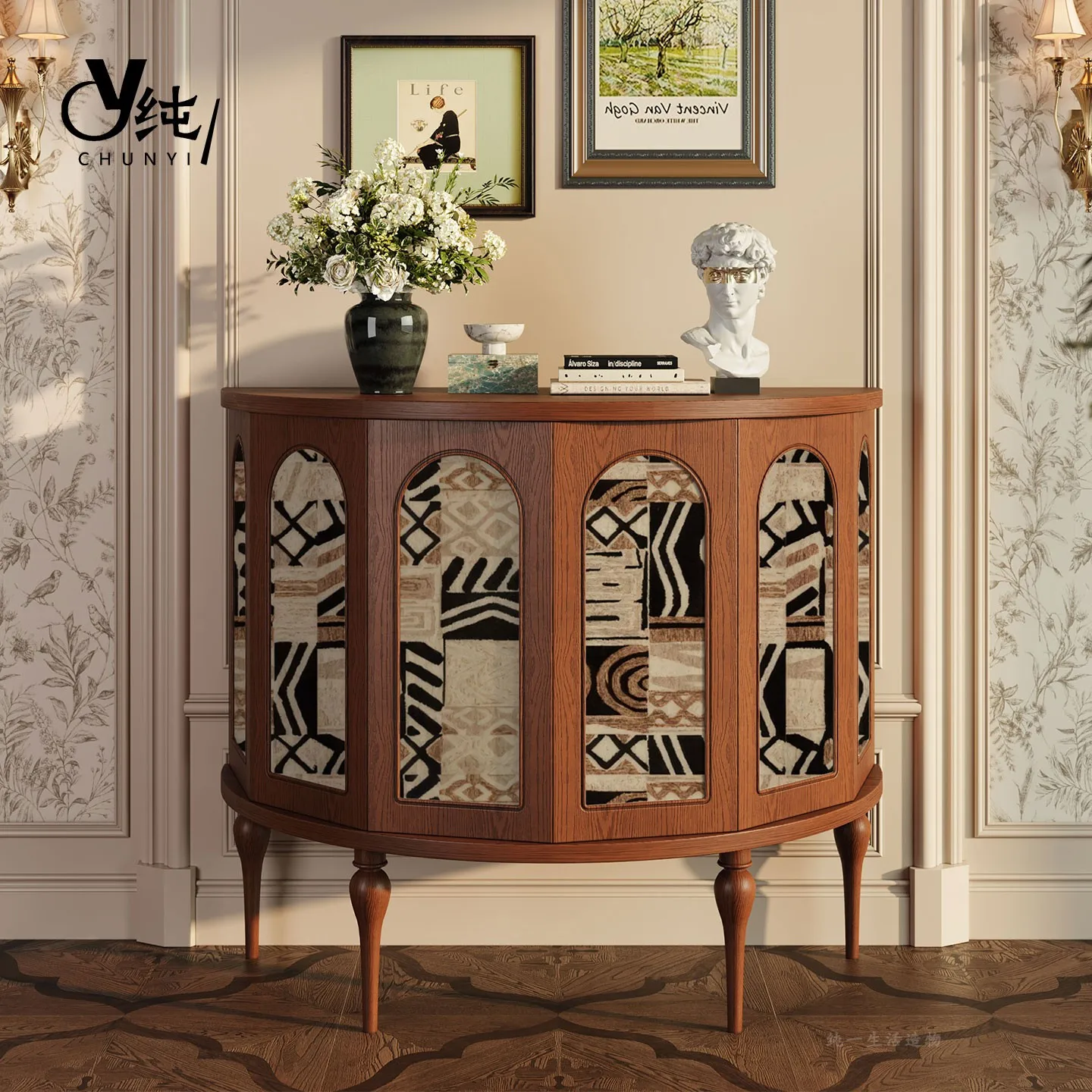 フランスの抽象アート無垢材玄関キャビネットヴィンテージスタイル