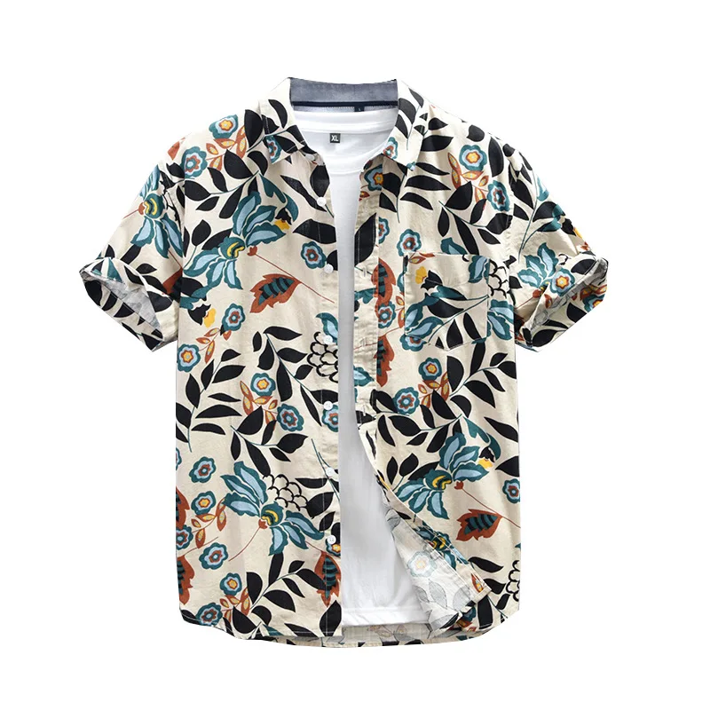 100% Cotton Linen 2023 New Summer Men's Japanese Printed Casual Short Sleeve Shirt Cardigan T-shirt